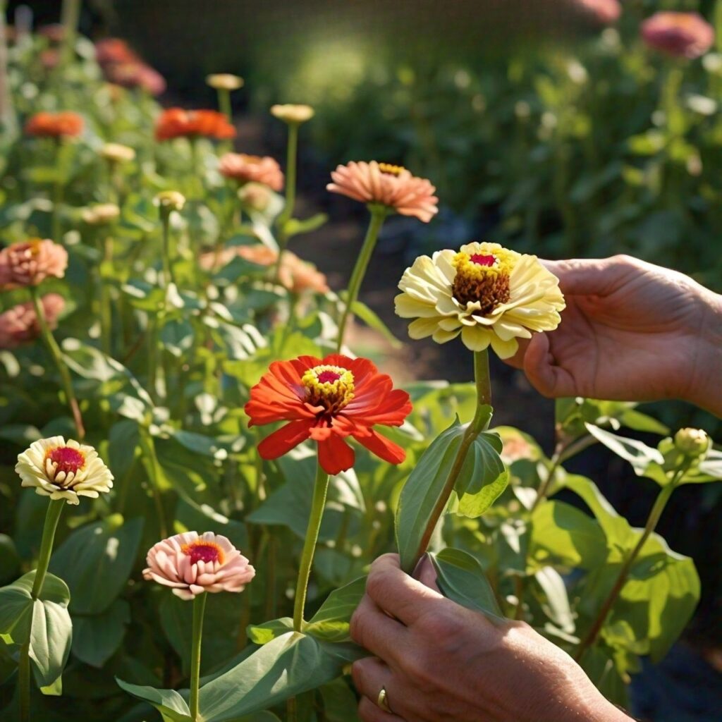 Close-up of dried zinnia flower heads with seeds being harvested. The image shows mature, brown flower heads with petals removed, and seeds being separated from the flower material